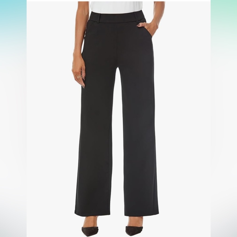 Ichosy Wide Straight Leg Pull-On Trousers Casual Slacks Dress Pants with Pockets
